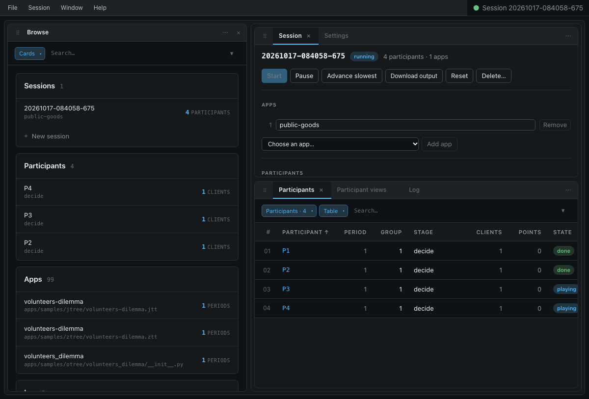 The admin: Browse on the left; the Session and Participants panels on the right