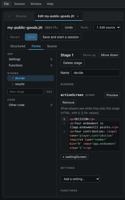 The App editor in Forms mode, showing the decide stage's screen, settings and functions