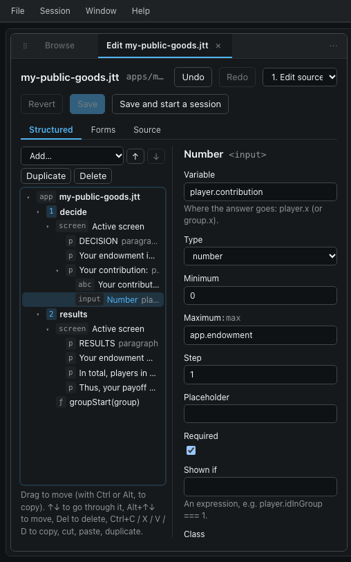 The App editor in Structured mode: the app's tree, with the decide stage's number input chosen and its fields beside it