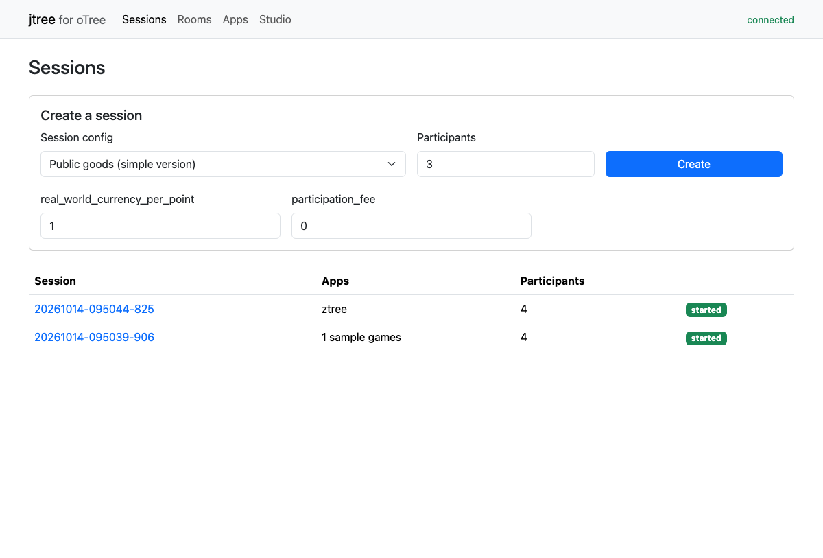 The oTree admin's Sessions page: creating a session from a project's session config