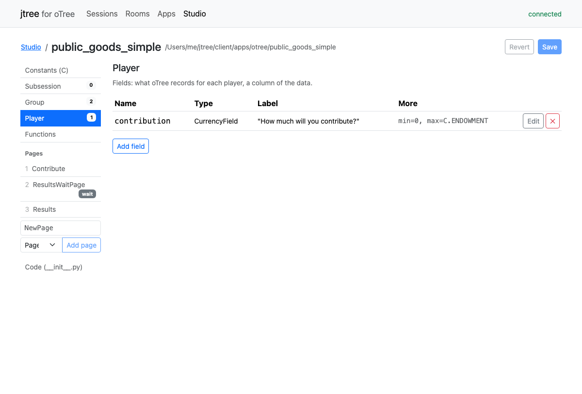 The Studio, showing an app's Player fields, its pages, and its code