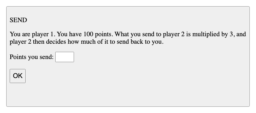 The trust game in jtree: player 1 chooses how many of their 100 points to send