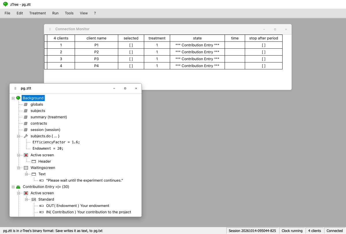 The z-Tree admin: the Connection Monitor, and pg.ztt's stage tree