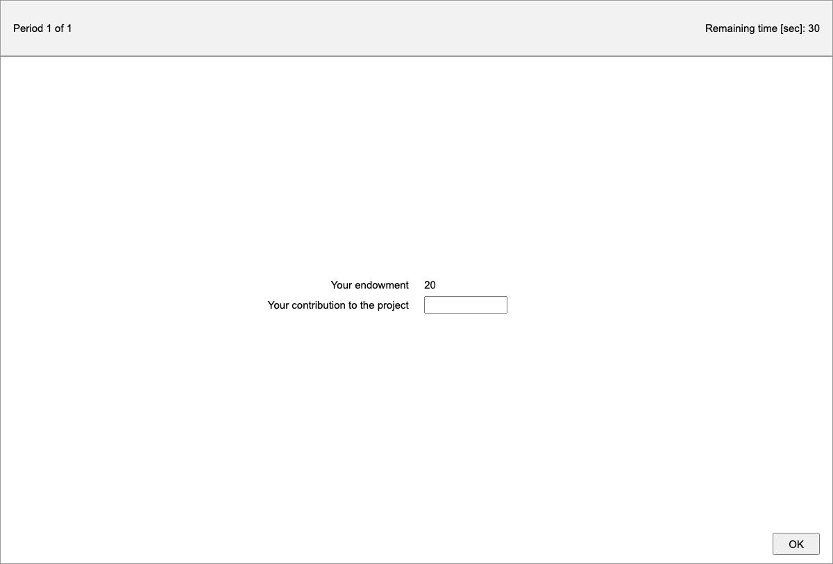 z-Tree's public goods example (pg.ztt) in a participant's browser, as z-Leaf shows it